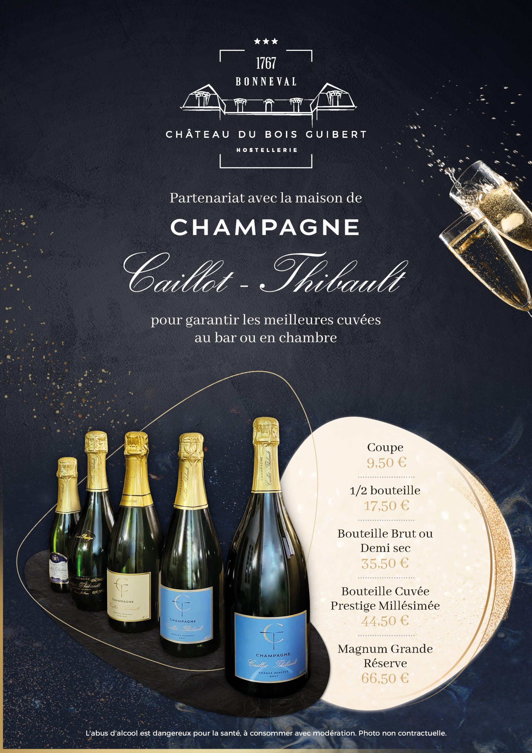Champagne Caillot Thibault en partenariat avec l'Hostellerie du Château du Bois Guibert pour garantir les meilleures cuvées au bar ou en chambre